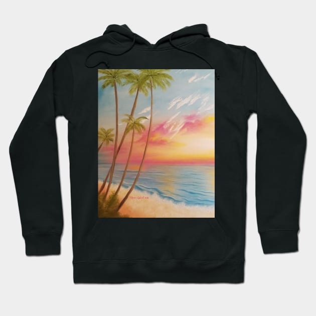 Paradise, Beautiful Beach, Beach Painting, Pale Beach, Pastel Beach, Pink Sky, Palm Trees, Beach Life Hoodie by roxanegabriel